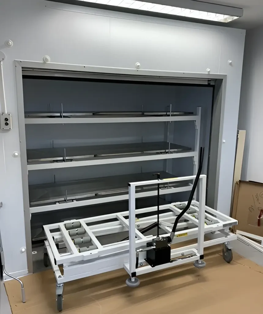 side-loading mortuary with hydraulic trolley outside