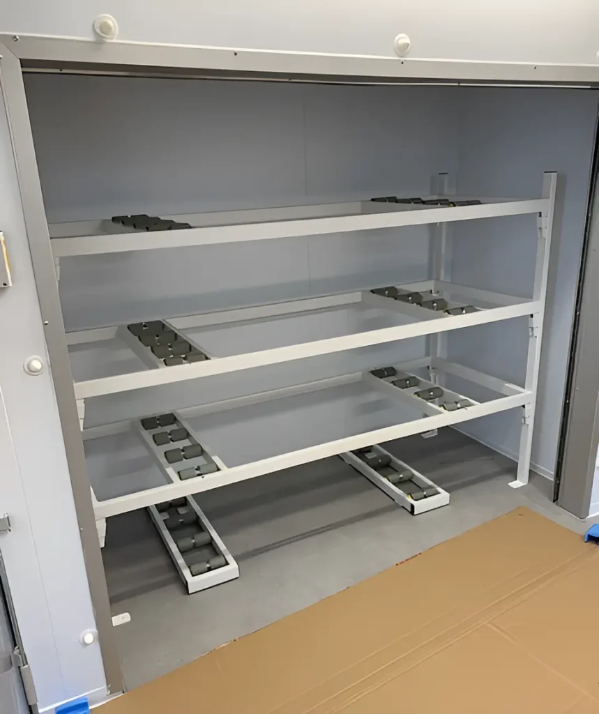 side-loading mortuary showing the 3-tier racking inside