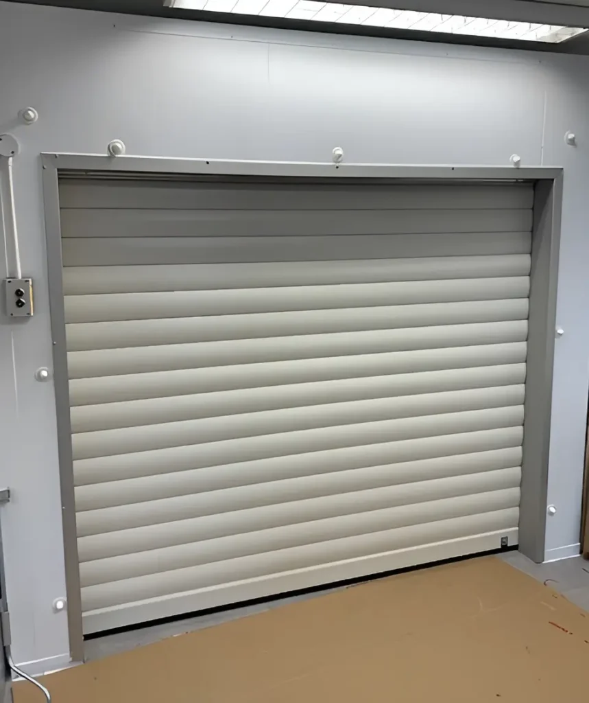 Side-loading mortuary coldroom with roller shutter door