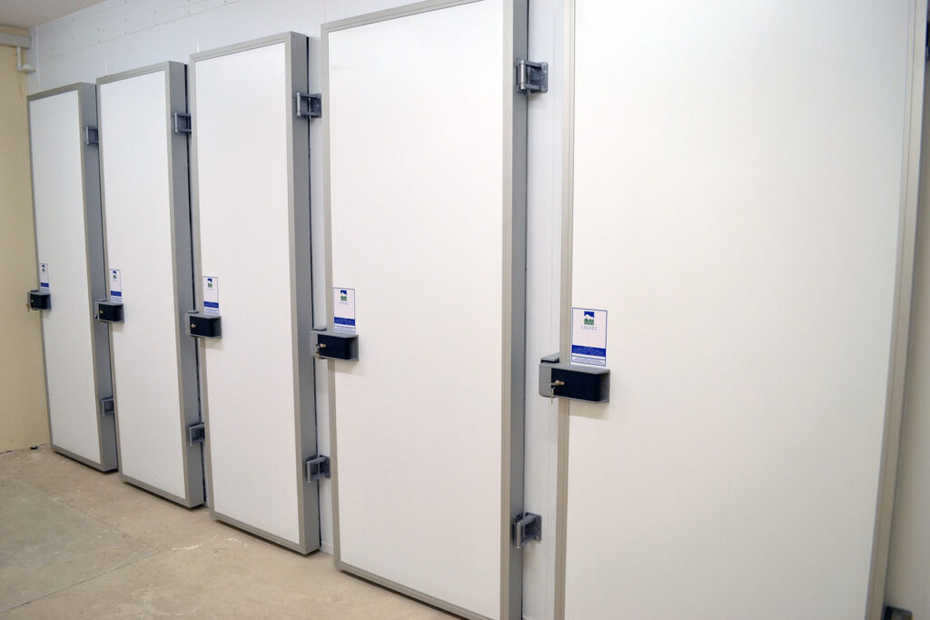End-loading mortuary coldroom side angle view